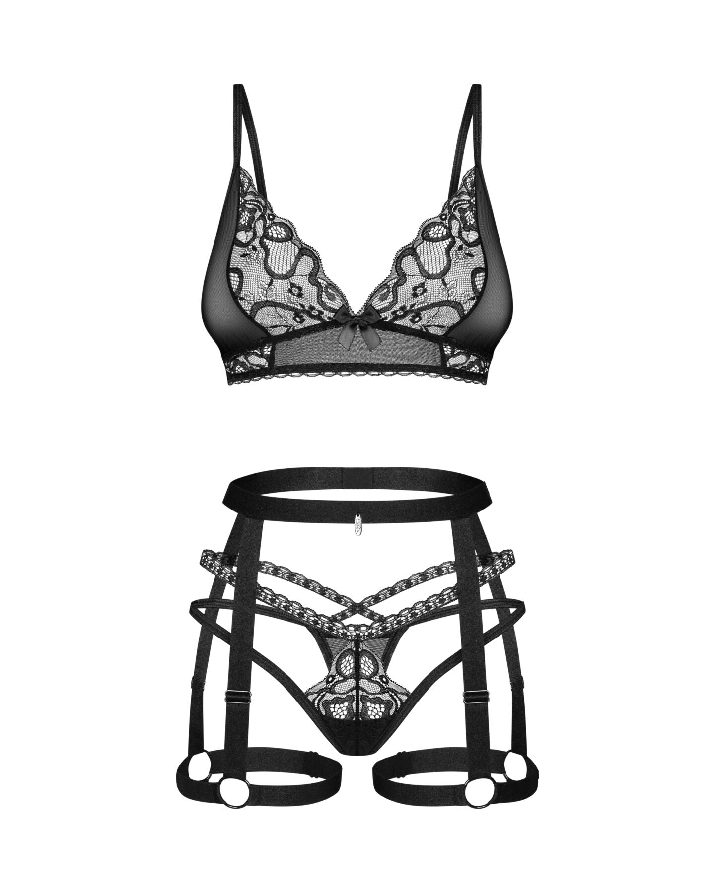 Комплект Obsessive Blomentis 3-pcs set, M/L, м’який ліф, стрінги зі стрепами, пояс із гартерами