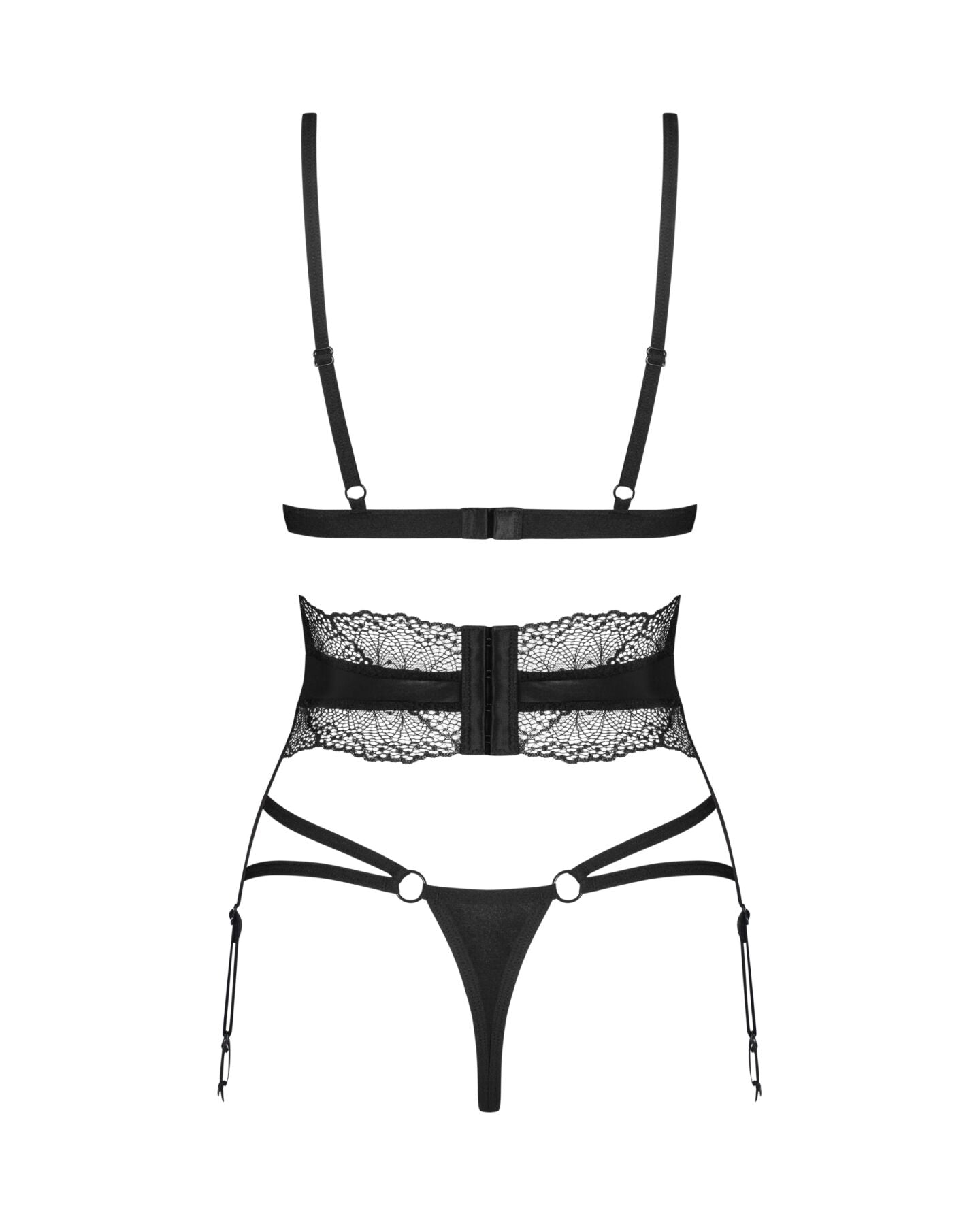 Комплект Obsessive Lobellis 3-pcs set, M/L, чорний, ліф з м’якою чашкою, стрінги, пояс для панчіх