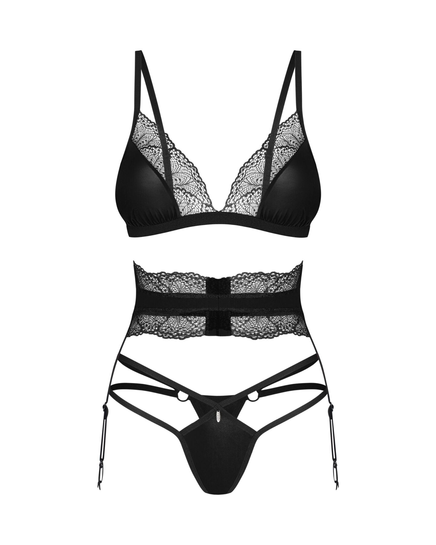 Комплект Obsessive Lobellis 3-pcs set, XL/2XL, чорний, ліф з м’якою чашкою, стрінги, пояс для панчіх