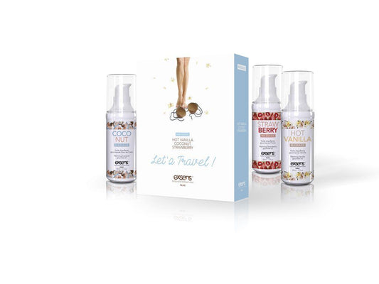 Набір розігрівальних  масажних олій EXSENS Lets Travel (3х30 мл): кокос, полуниця і ваніль