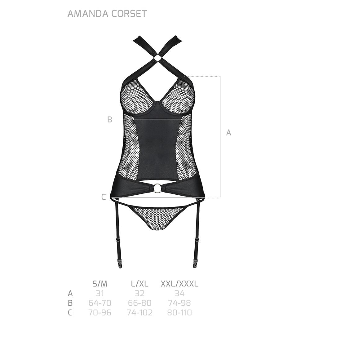 Сітчастий комплект корсет з халтером, зйомні підв'язки і трусики Passion AMANDA CORSET 2XL/3XL black