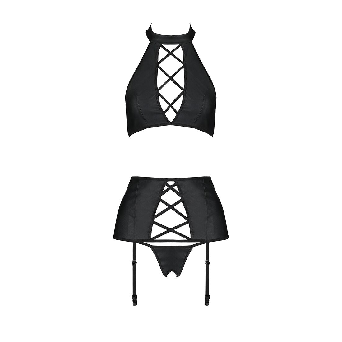 Комплект з еко-шкіри з імітацією шнурівки Passion NANCY SET L/XL black топ, трусики, пояс для панчіх