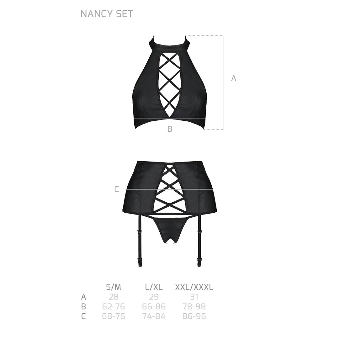 Комплект з еко-шкіри з імітацією шнурівки Passion NANCY SET S/M black топ, трусики, пояс для панчіх