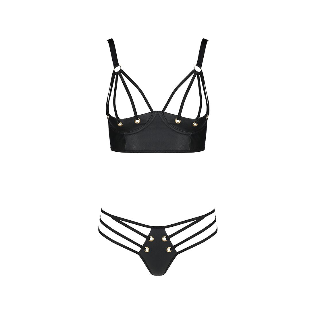 Комплект з екошкіри з люверсами та ремінцями Passion MALWIA BIKINI S/M, black, бра та трусики