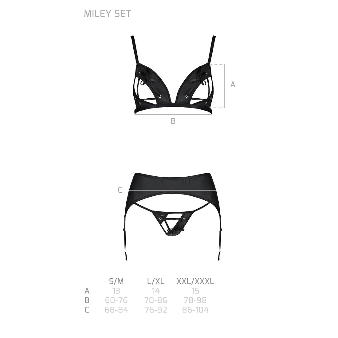 Комплект з екошкіри Passion MILEY SET L/XL, black, трусики, бюстгальтер, пояс для панчіх