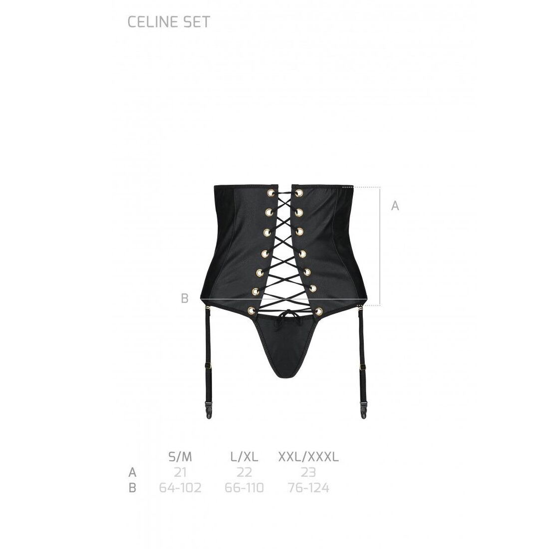 Пояс-корсет з екошкіри Passion CELINE SET XXL/XXXL, black шнурівка, знімні пажі для панчіх, стрінги