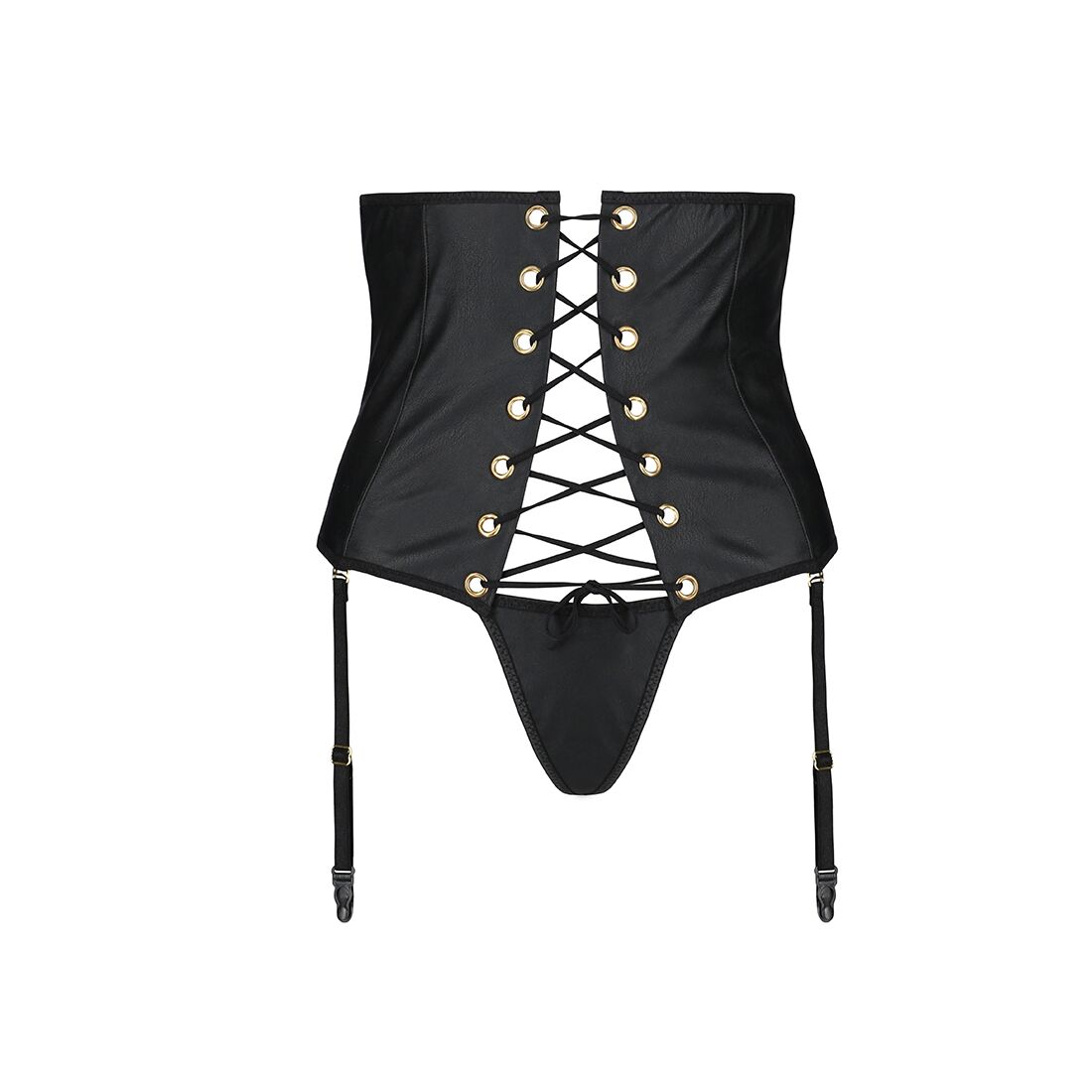Пояс-корсет з екошкіри Passion CELINE SET XXL/XXXL, black шнурівка, знімні пажі для панчіх, стрінги