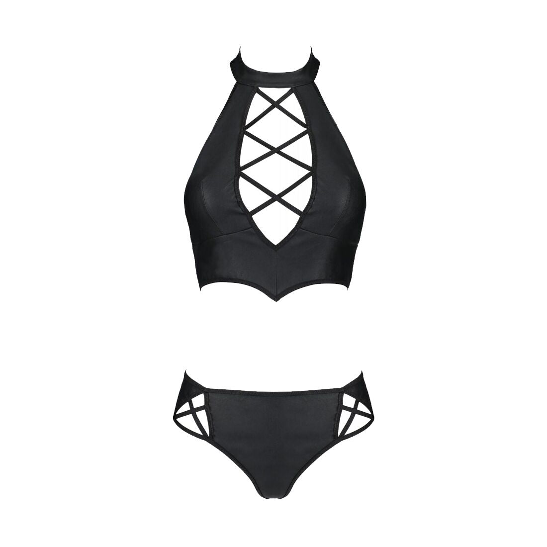 Комплект з екошкіри Passion NANACY BIKINI 6XL/7XL black, бра та трусики з імітацією шнурівки