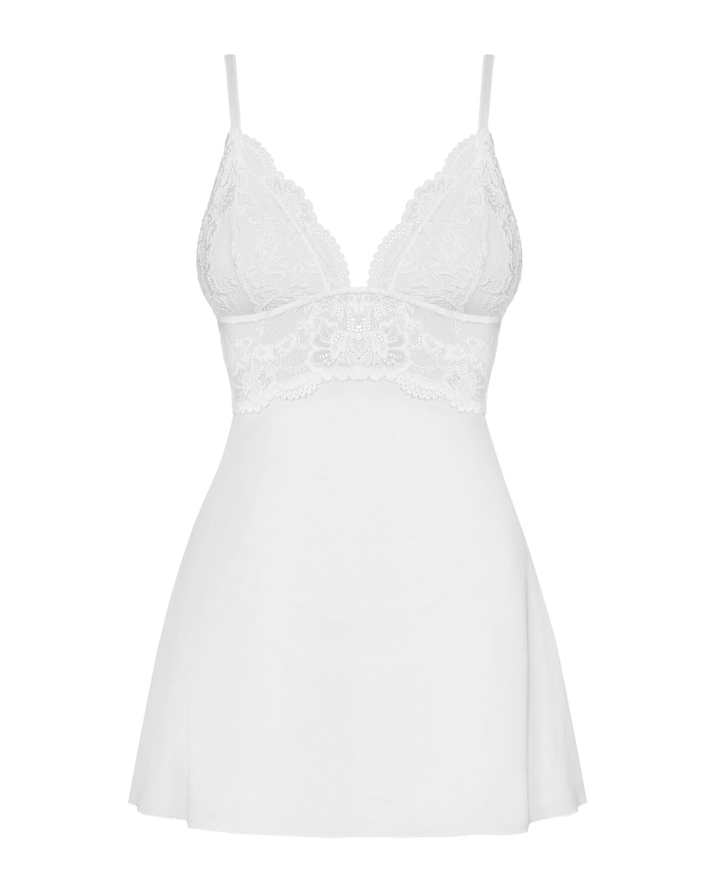 Сатиновий пеньюар із мереживом Obsessive 810-BAB-2 babydoll & thong S/M, білий, пеньюар, танга