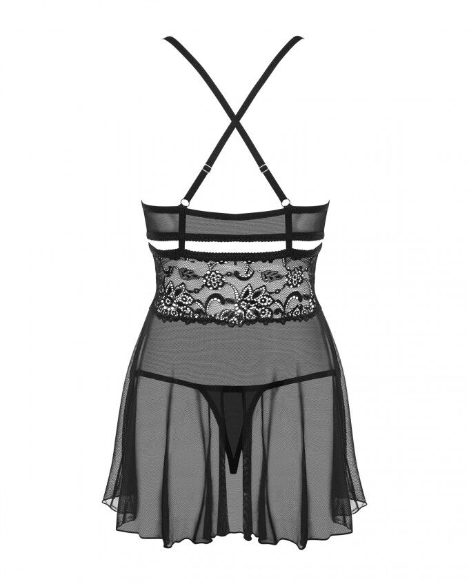 (SALE) Еротичний мереживний комплект із сіточкою Obsessive 838-BAB-1babydoll & thong black S/M, чорний, пен