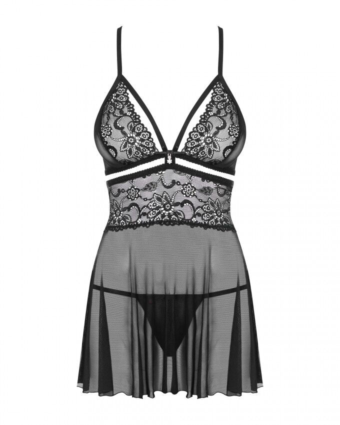 (SALE) Еротичний мереживний комплект із сіточкою Obsessive 838-BAB-1babydoll & thong black S/M, чорний, пен