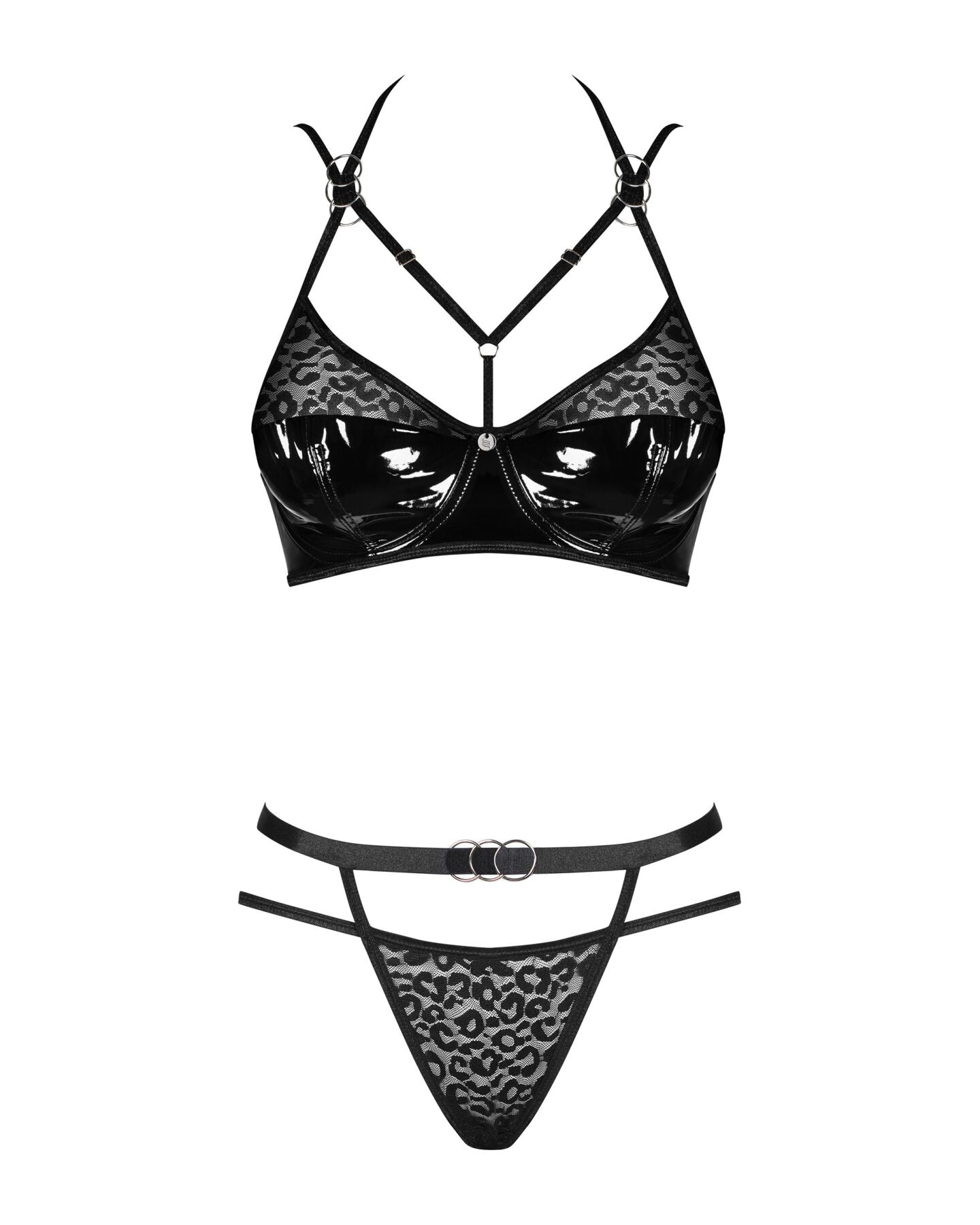 Еротичний комплект під латекс зі стрепами Obsessive Bagirela 2-pcs set L/XL, чорний, під леопард, бю