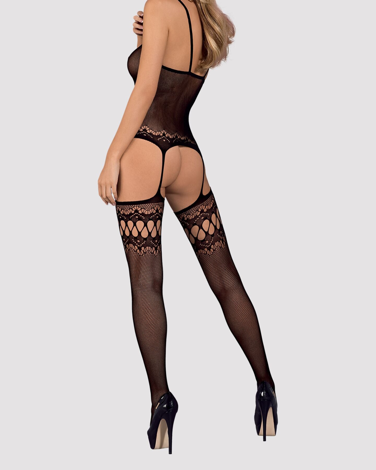 (SALE) Бодістокінг Obsessive Bodystocking F214 black S/M/L, імітація корсета та панчіх на підв’язках