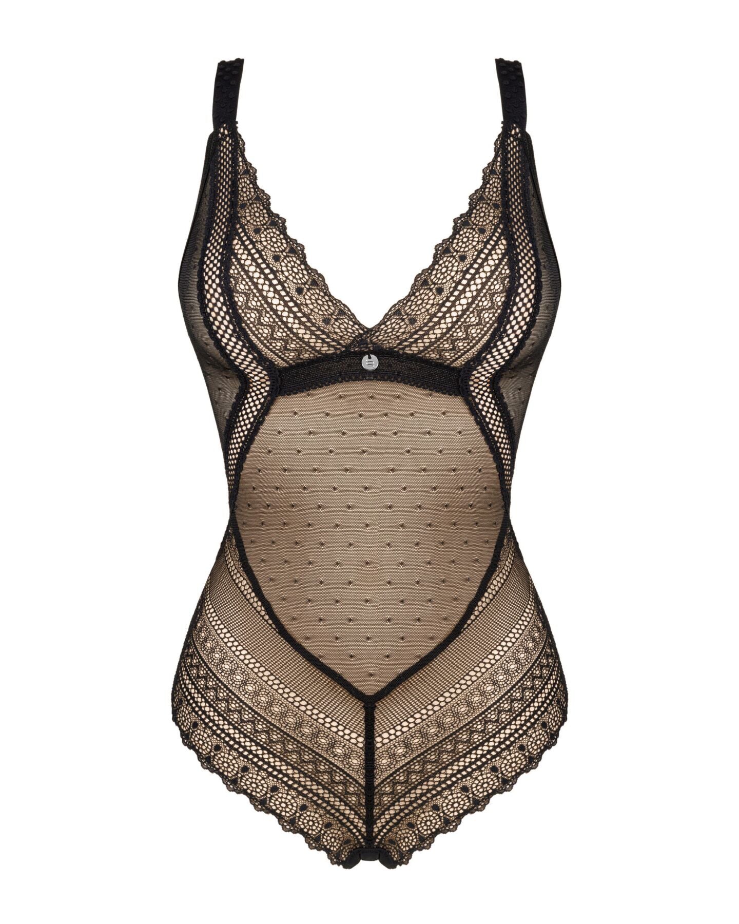 Мереживне боді з декольте Obsessive Estiqua teddy M/L, чорне, широкі лямки