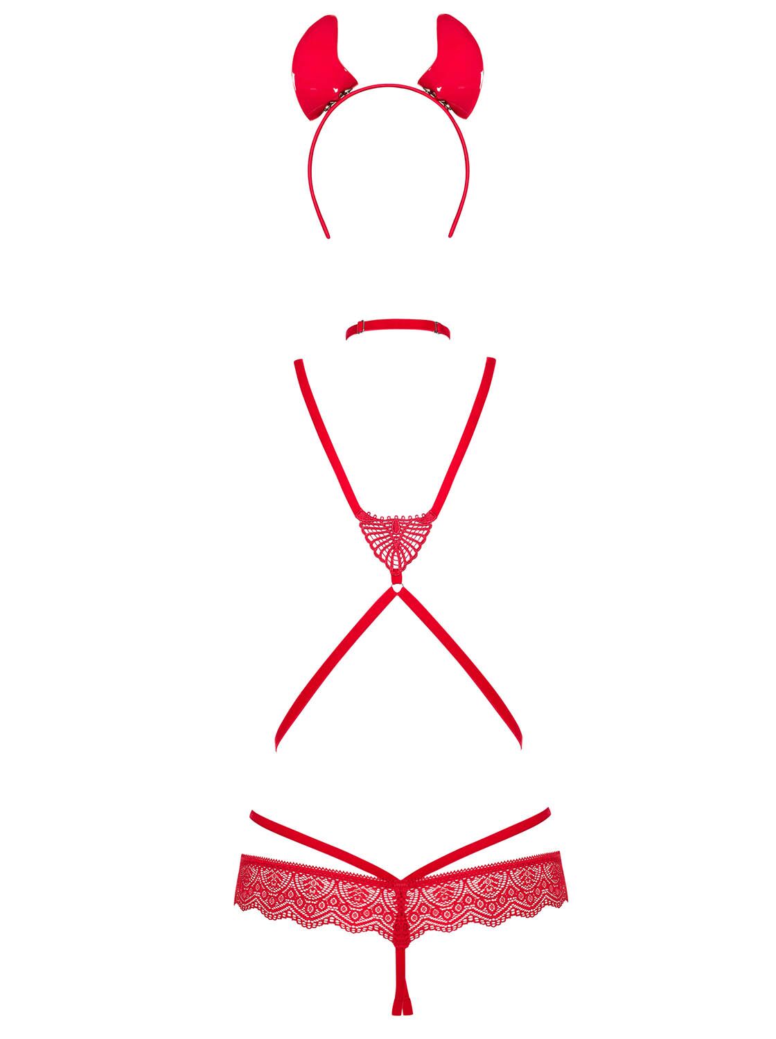 (SALE) Еротичний костюм чортика зі стреп Obsessive Evilia teddy red L/XL, боді, чокер, накладки на соски, о