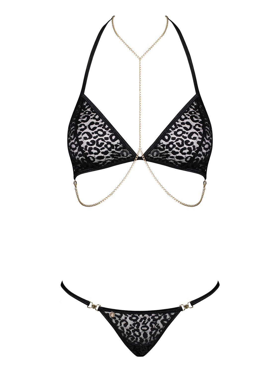 Комплект із ланцюжками Obsessive Pantheria 2-pcs set black S/M, бюстгальтер, трусики