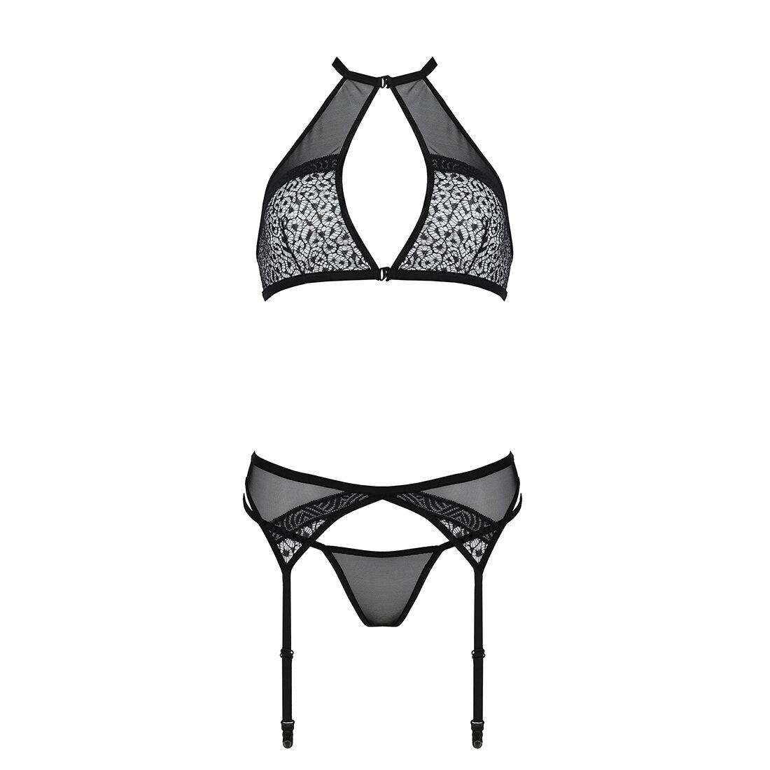 Комплект білизни Passion SATARA SET S/M black, топ, пояс для панчіх, стрінги