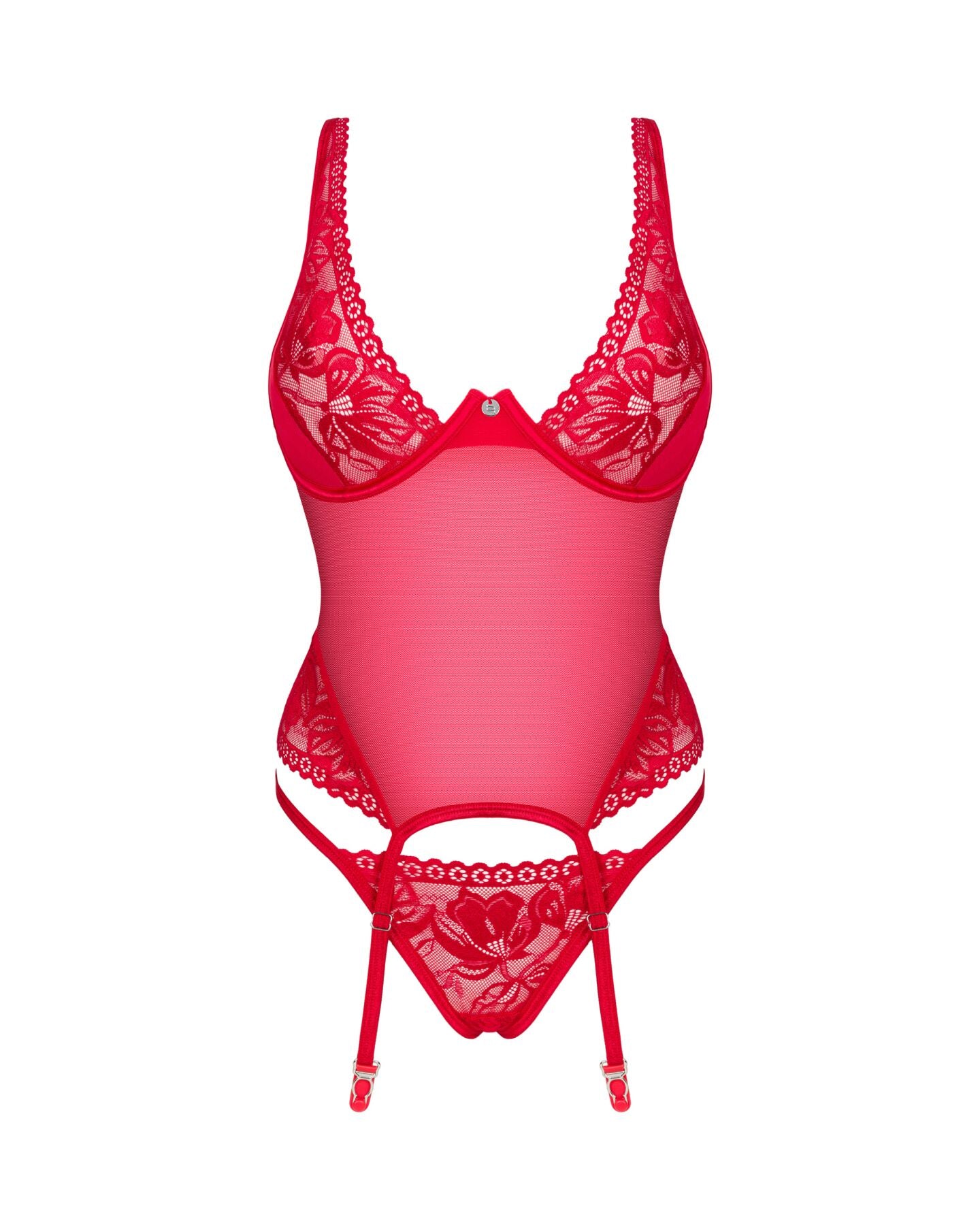 Прозорий корсет Obsessive Lacelove corset M/L Red, мереживо, підв’язки для панчіх