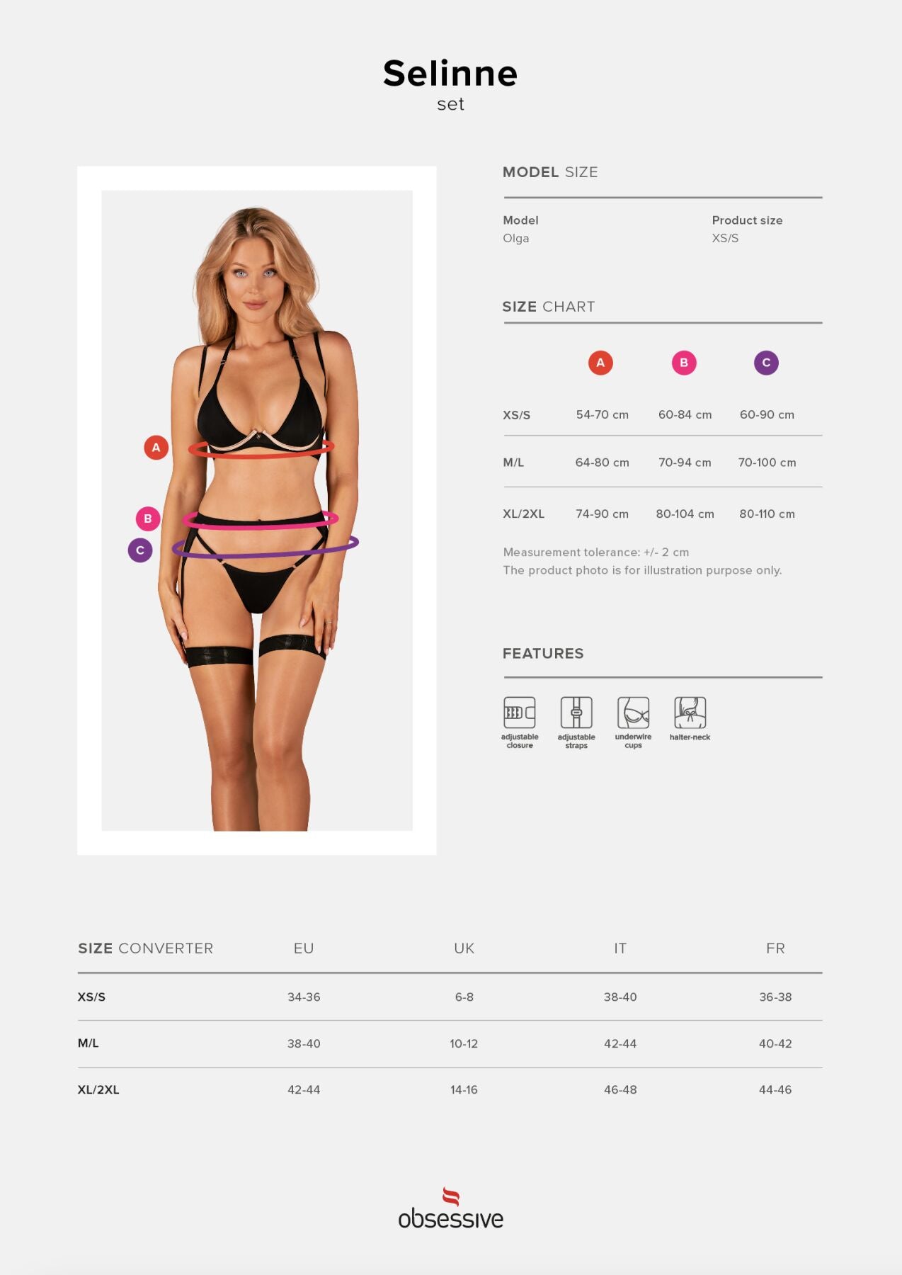 (SALE) Комплект білизни Obsessive Selinne 3-pcs set XS/S Black, бюстгальтер, стрінги пояс для панчіх