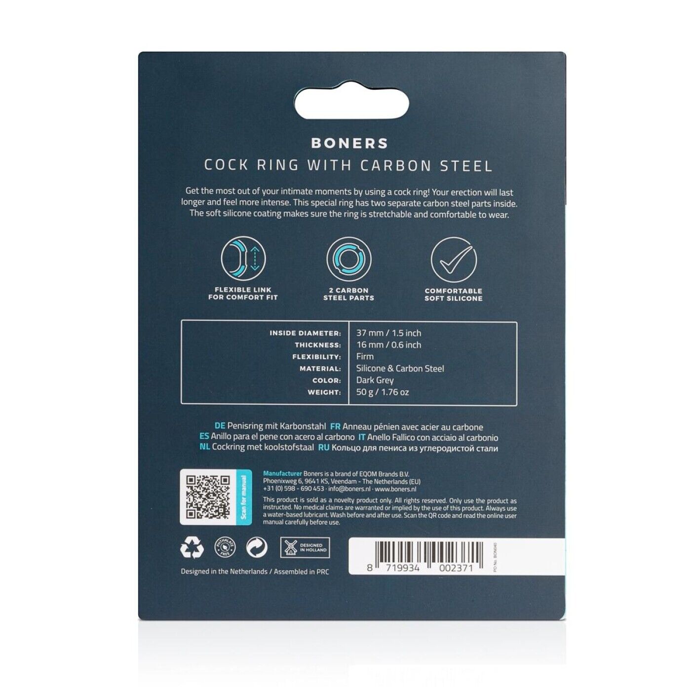 Ерекційне кільце Boners Cock Ring With Steel Core, сталеві вставки, внутрішній діаметр 3,7 см