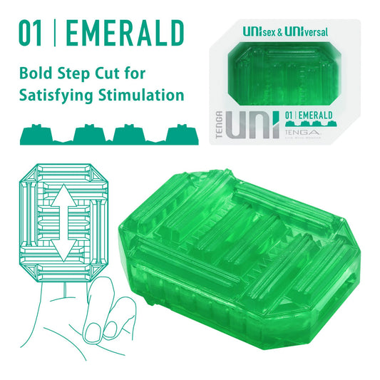 Унісекс-стимулятор Tenga UNI Emerald, зелений, з геометричним рельєфом, лубрикант у комплекті