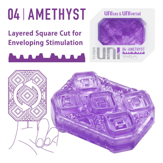 Унісекс-стимулятор Tenga UNI Amethyst, фіолетовий, візерунок у вигляді рельєфних квадратів, лубрикант у комплекті