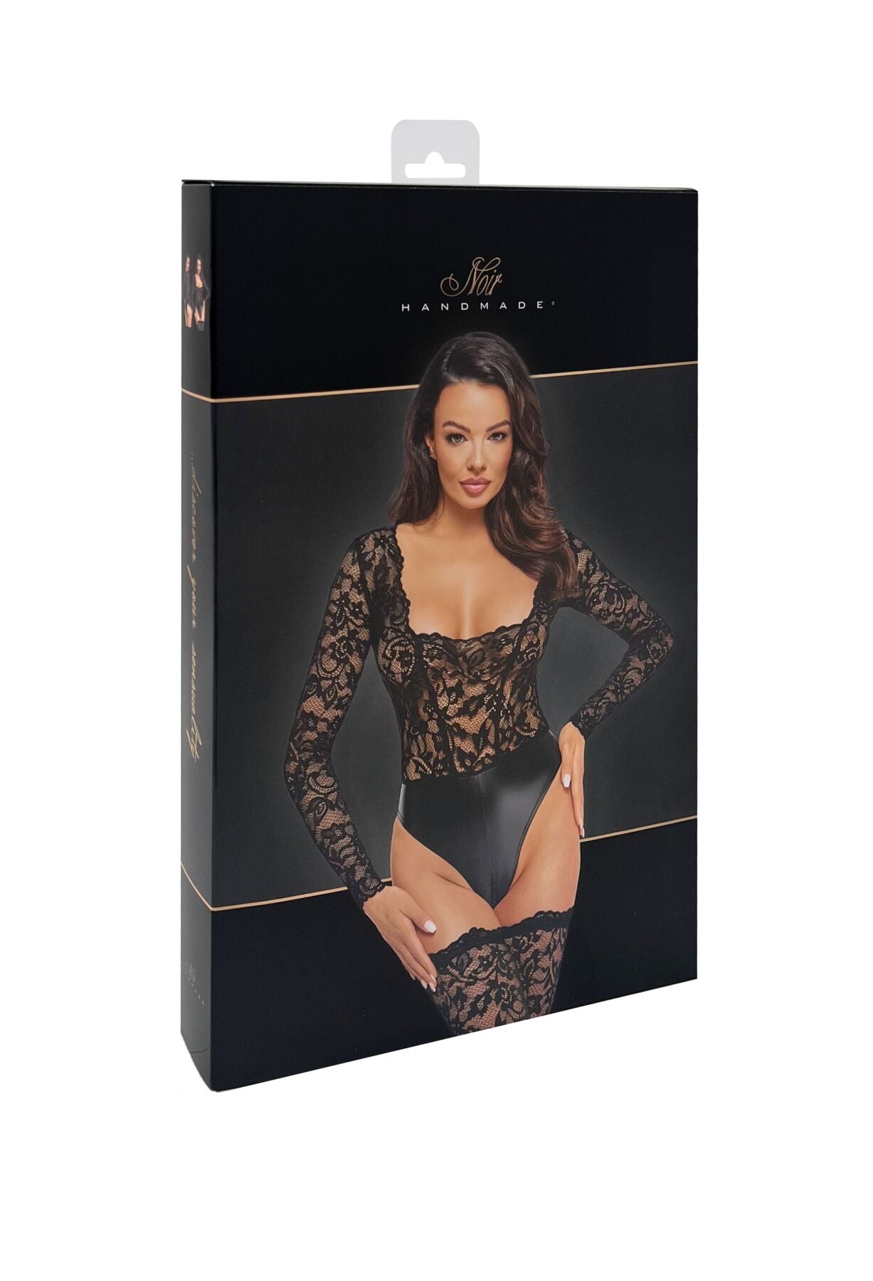 Боді Noir Handmade F296 Psyche, XXL, мереживо, довгий рукав, низ під латекс, з доступом
