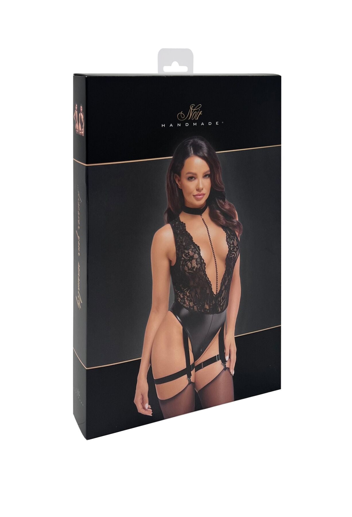 Боді Noir Handmade F297 Libido, XXL, чорне, мереживо, низ під латекс, відкритий доступ, гартери
