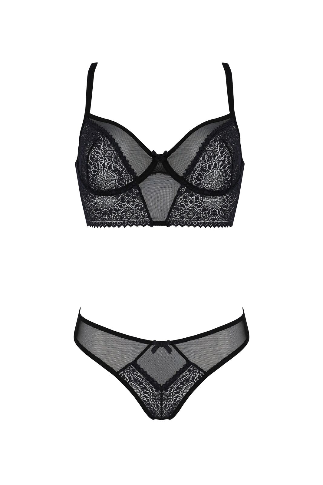 Комплект Passion DROSERA SET black S/M, сітка+мереживо, бюстьє та трусики танга