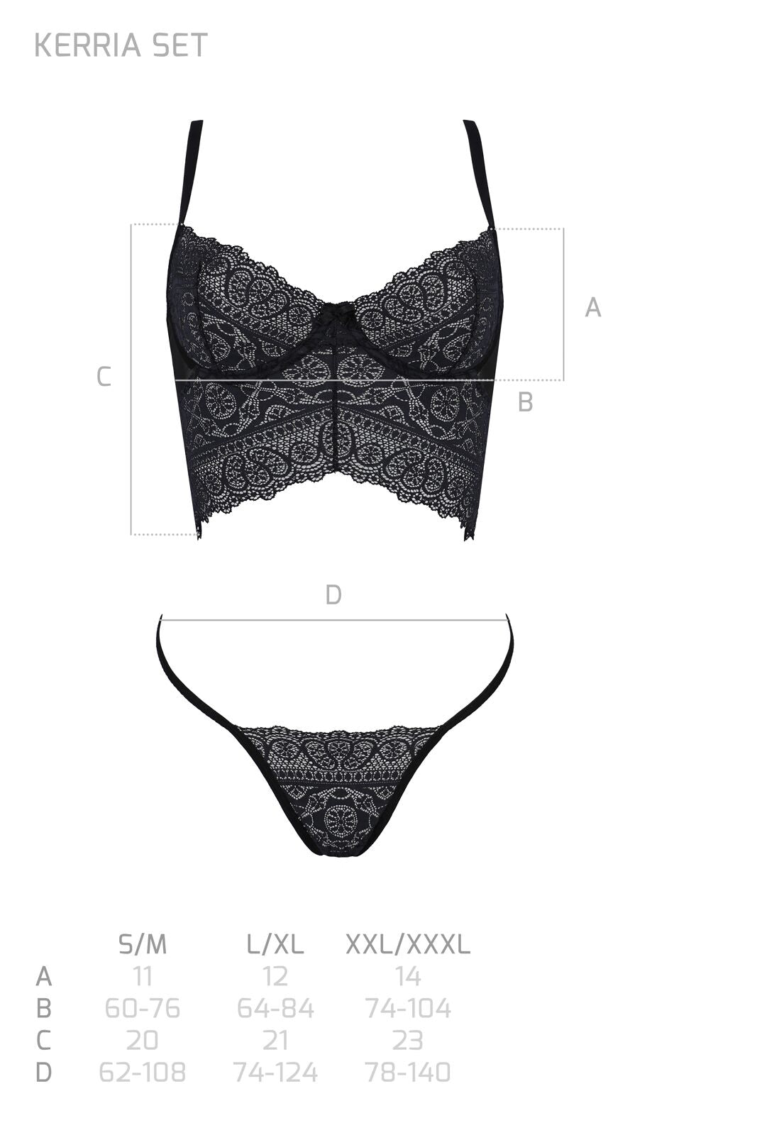 Комплект Passion KERRIA SET black, XXL/XXXL сітка+мереживо, бюстьє та стрінги