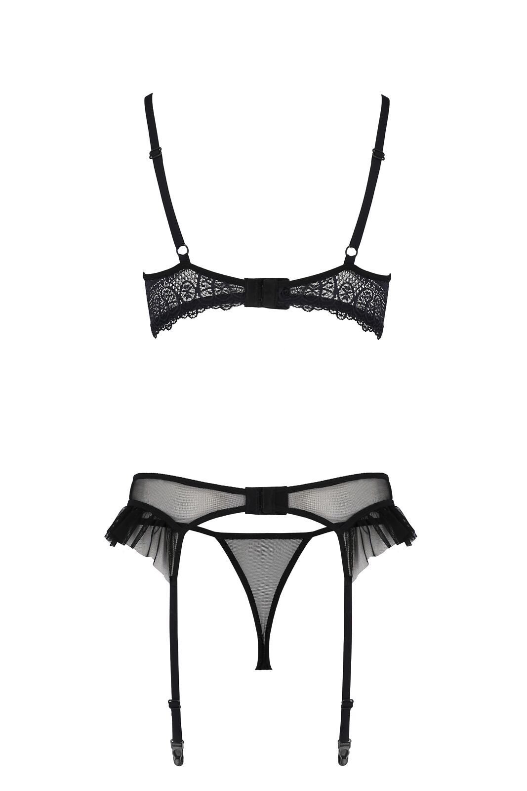 Комплект Passion KERRIA SET WITH OPEN BRA black, S/M, бюстгальтер з відкритою чашкою, стрінги, пояс для панчіх