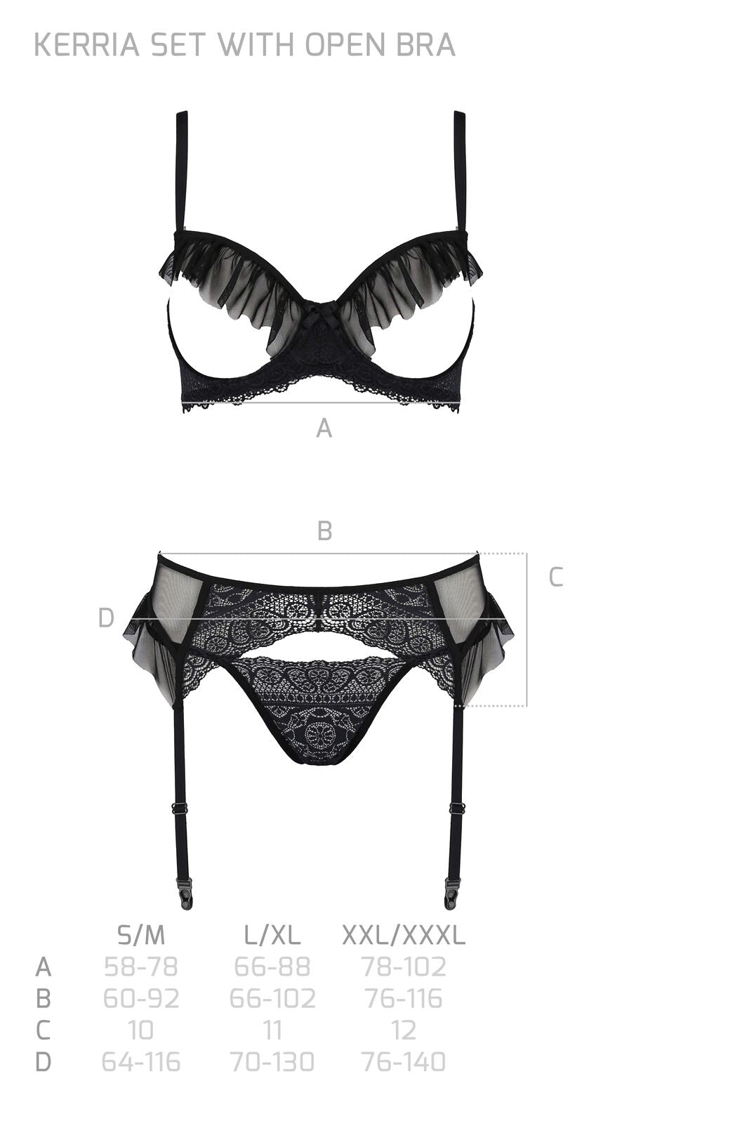 Комплект Passion KERRIA SET WITH OPEN BRA black, S/M, бюстгальтер з відкритою чашкою, стрінги, пояс для панчіх