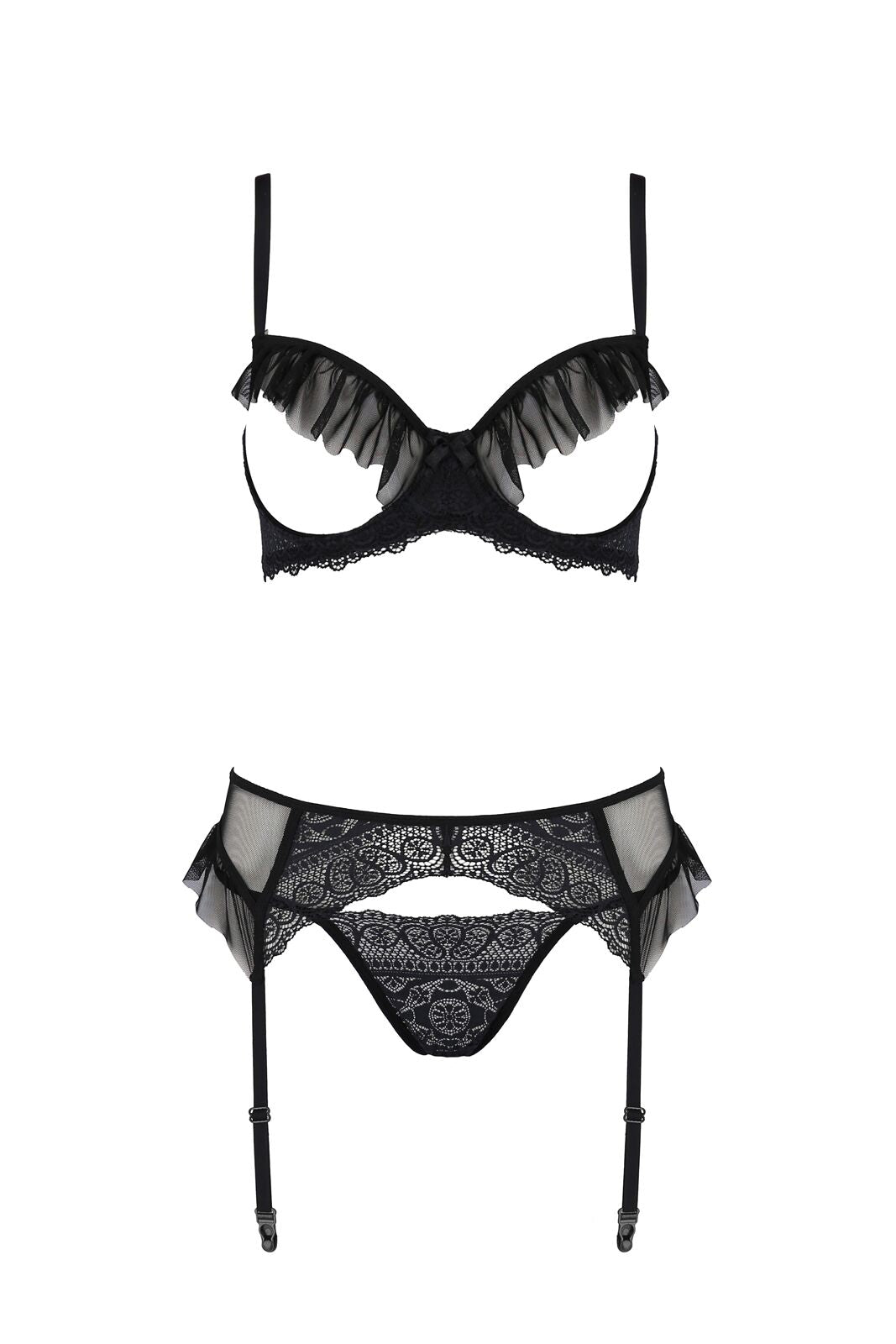 Комплект Passion KERRIA SET WITH OPEN BRA black, S/M, бюстгальтер з відкритою чашкою, стрінги, пояс для панчіх