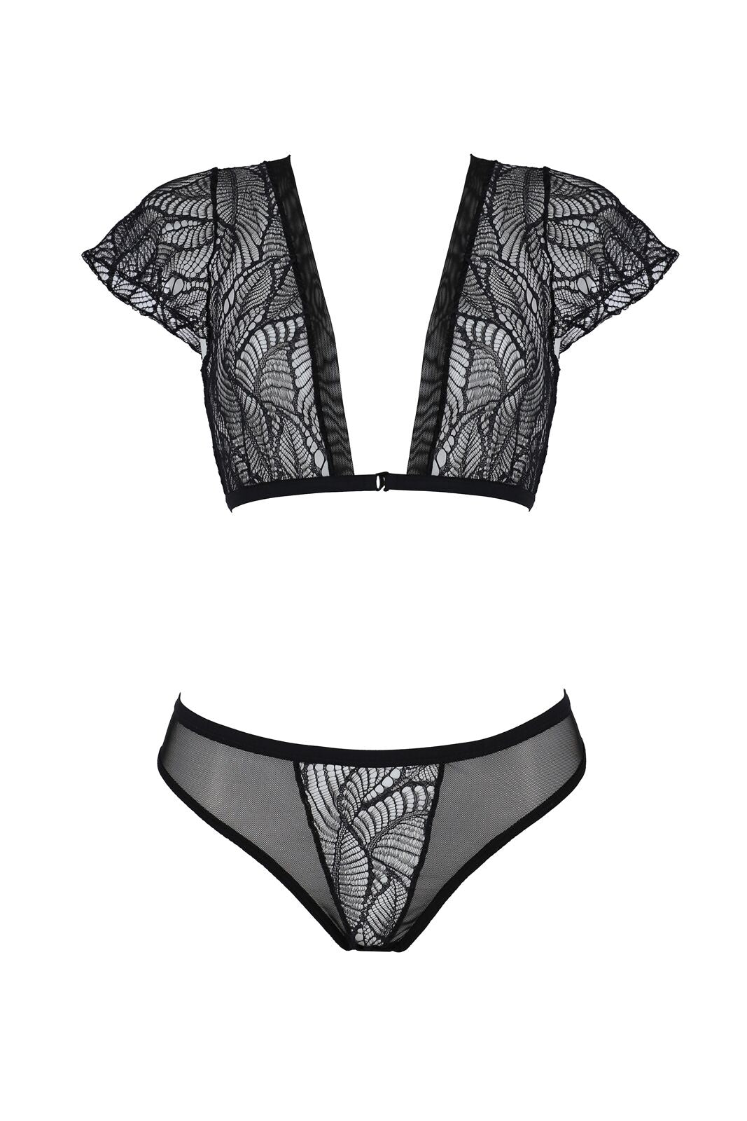 Комплект Passion LEAFA BIKINI black S/M, бюстгальтер-топ з рукавчиками, стрінги-шортики з вирізом