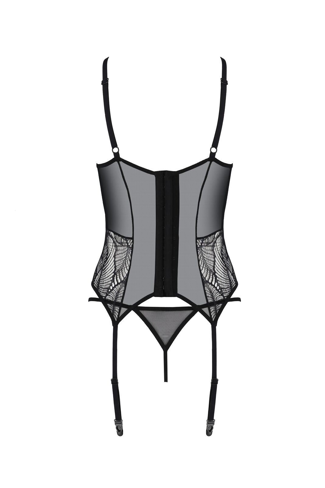 Корсет Passion LEAFA CORSET black S/M, м'які чашки, затискачі для панчіх, стрінги в комплекті