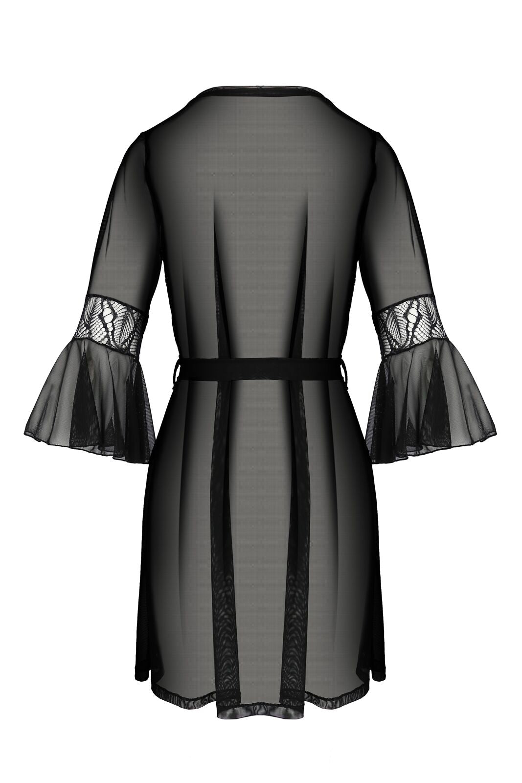 Пеньюар Passion LEAFA PEIGNOIR black S/M, довжина трохи вище коліна, широкі рукави, зав'язується на пояс