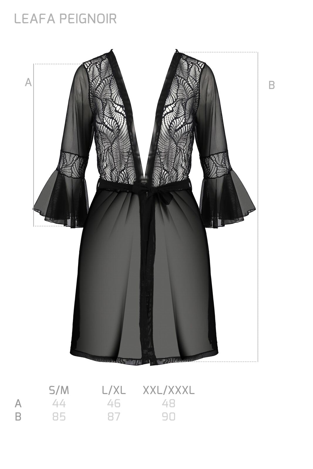 Пеньюар Passion LEAFA PEIGNOIR black, XXL/XXXL, довжина трохи вище коліна, широкі рукави, зав'язується на пояс