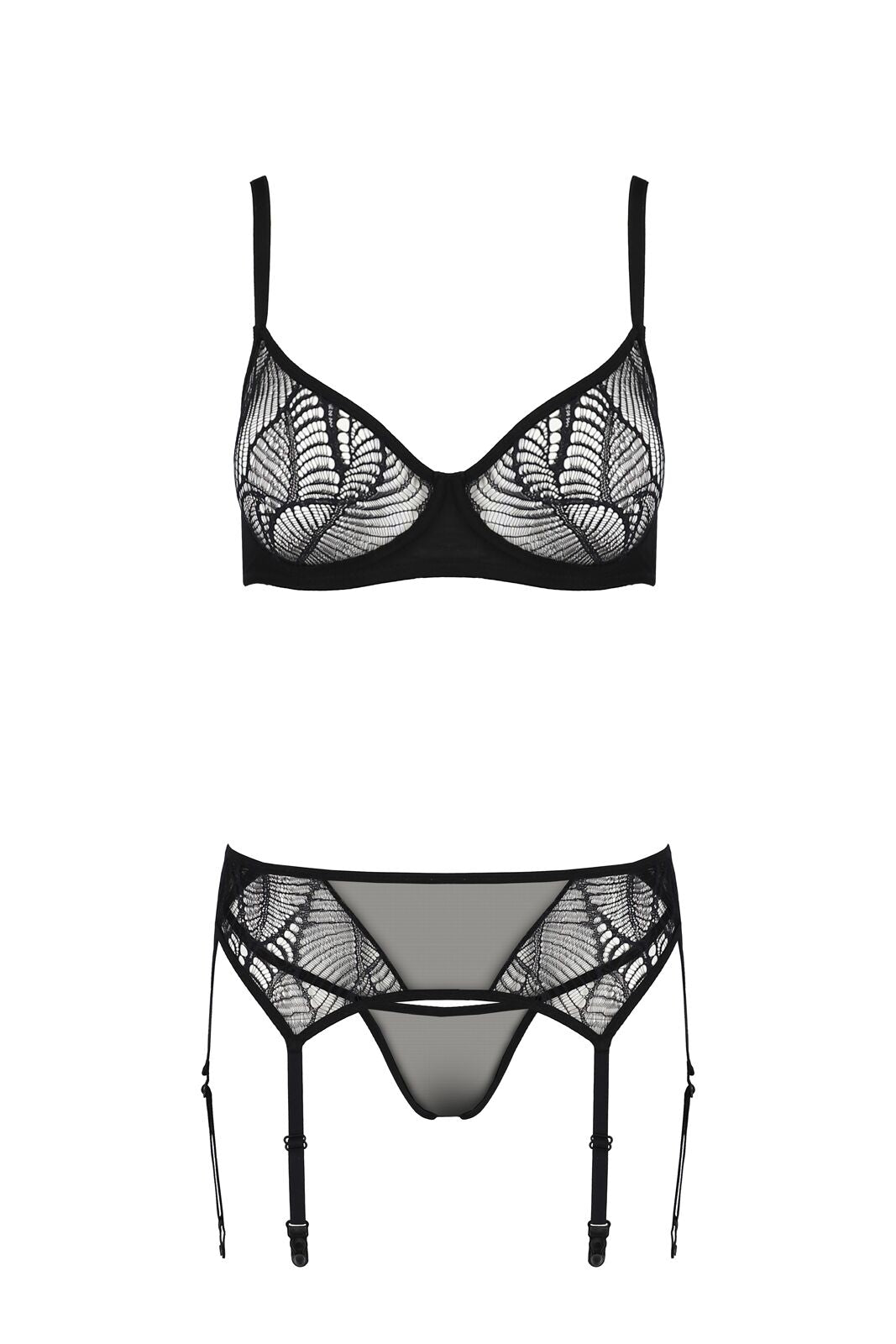 Комплект Passion LEAFA SET black S/M, мереживо+сітка, бюстгальтер на кісточках, стрінги, пояс для панчіх