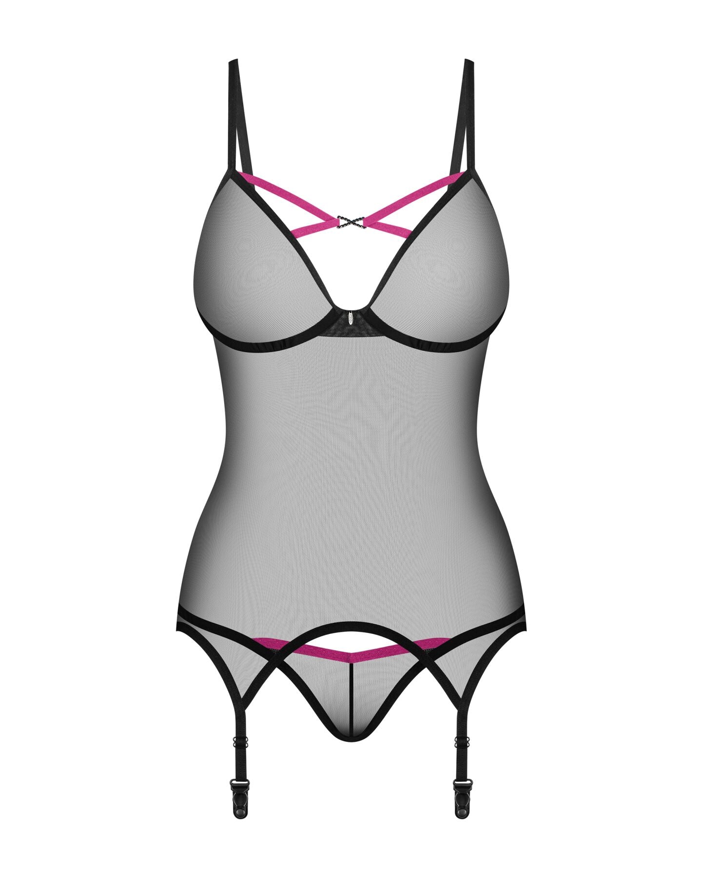 Корсет Obsessive Novenes corset & thong, XS/S, прозорий, відкрита спина, стрінги в комплекті