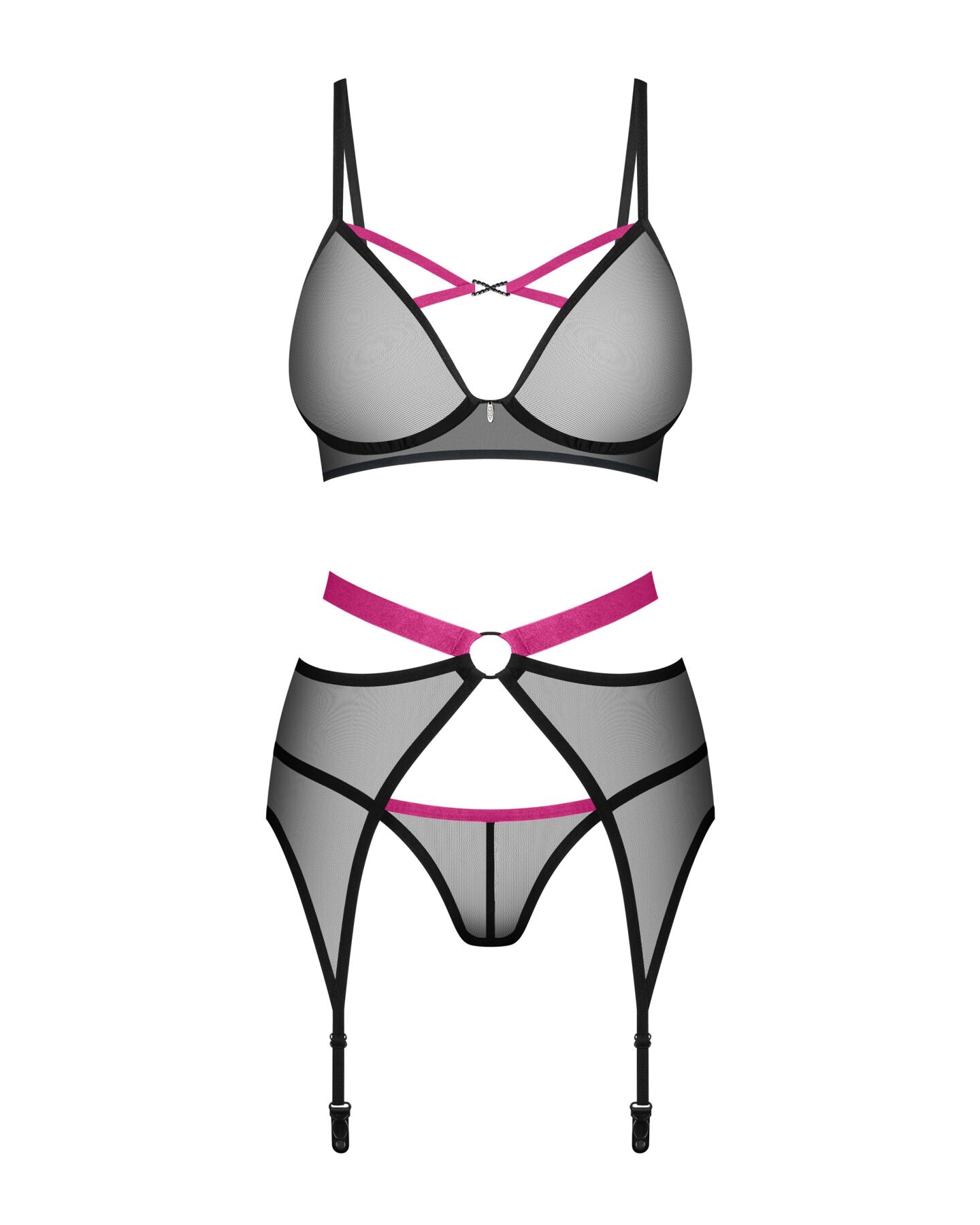 Комплект Obsessive Novenes 3-pcs set, XS/S, прозорий ліф на кісточках, стрінги, пояс
