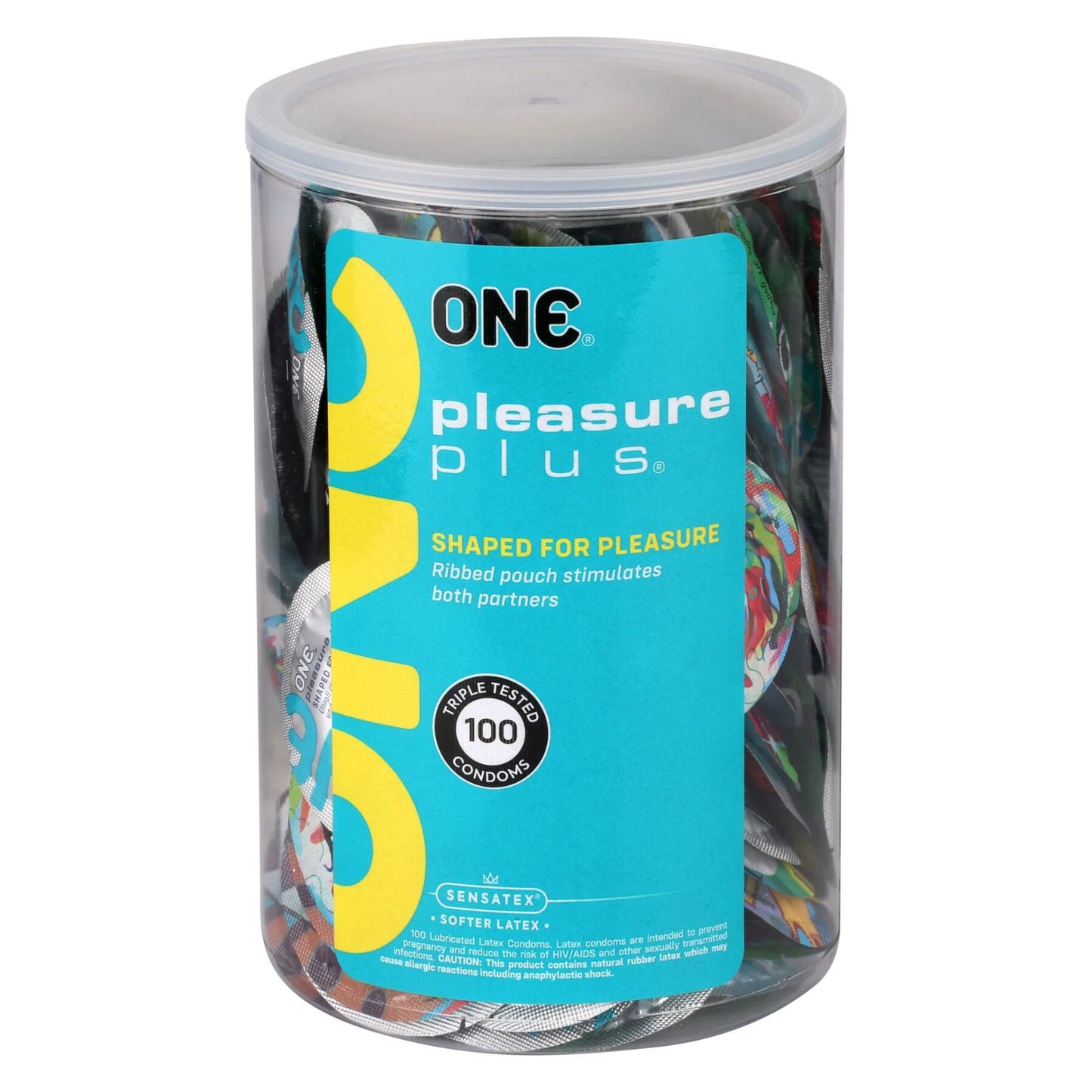 Набір презервативів ONE Pleasure Plus, 100 шт, з ребристою ділянкою на кінці, паковання-тубус