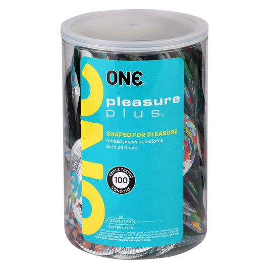 Набір презервативів ONE Pleasure Plus, 100 шт, з ребристою ділянкою на кінці, паковання-тубус