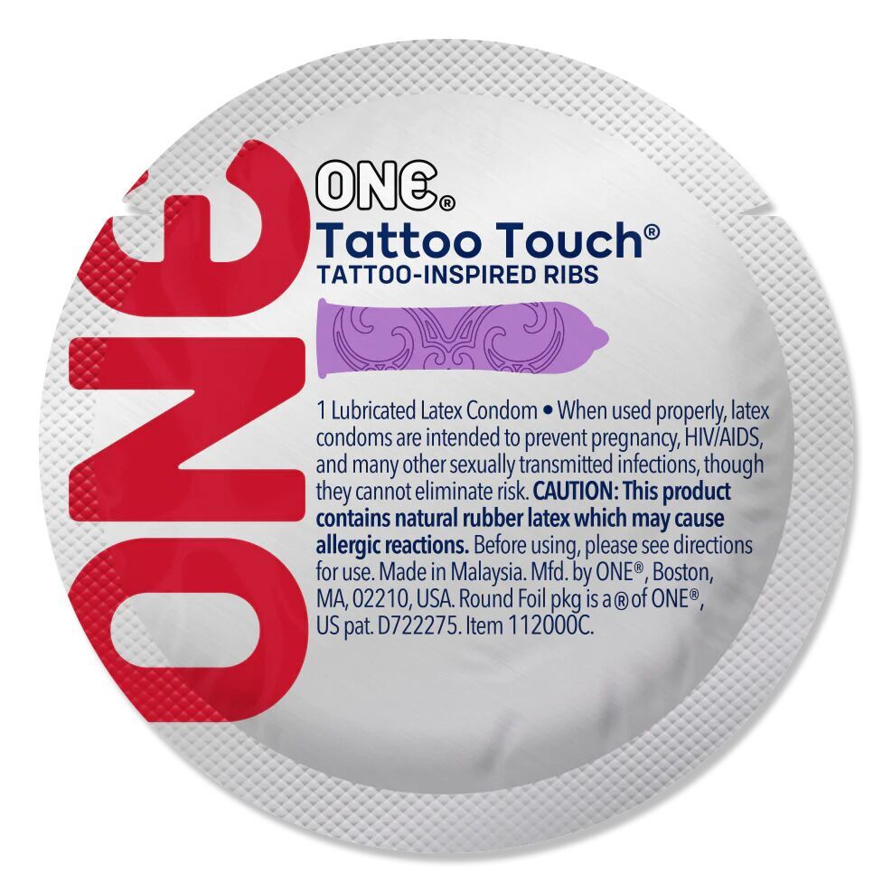 Презерватив ONE Tattoo Touch Purple, 1 шт, фіолетовий з рельєфом у вигляді татуювання