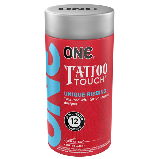 Презервативи ONE Tattoo Touch, 12 шт, рельєф у вигляді тату, 3 різновиди, подарункове паковання-тубус