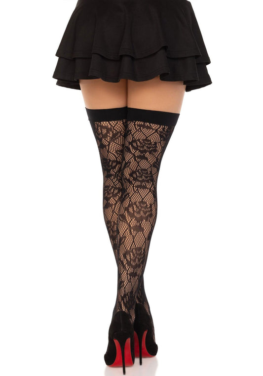 Панчохи Leg Avenue Wild rose net thigh highs, One Size, чорні, широка резинка, малюнок-троянди