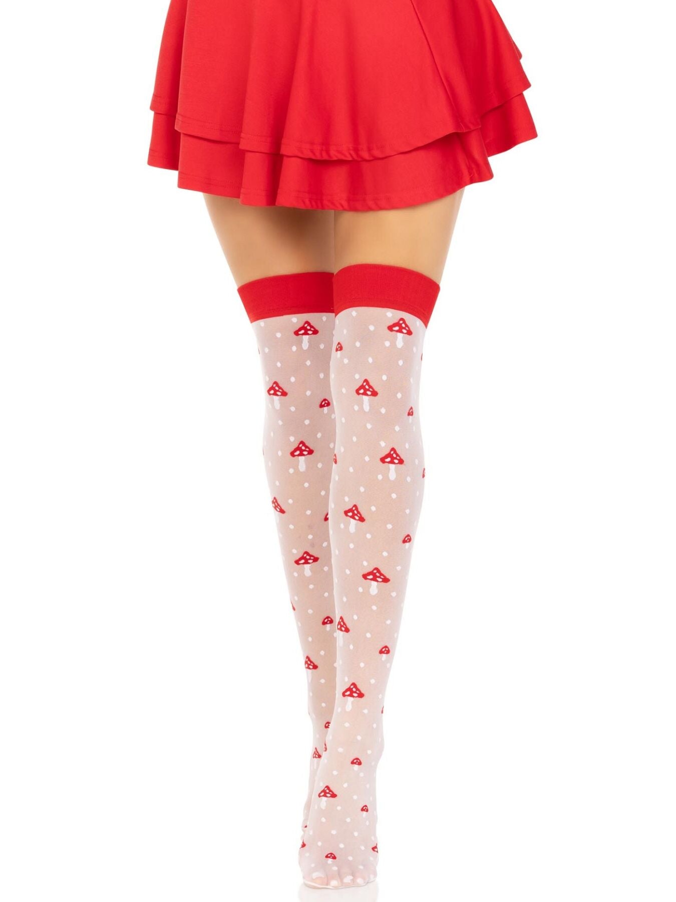 Панчохи Leg Avenue Polka Dot Mushroom Thigh Highs, One Size, біло-червоні, на резинці, малюнок — гриби