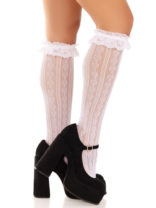 Гольфи ажурні Leg Avenue Sweetheart Ruffle Cuff Knee Highs, білі, малюнок-сердечка