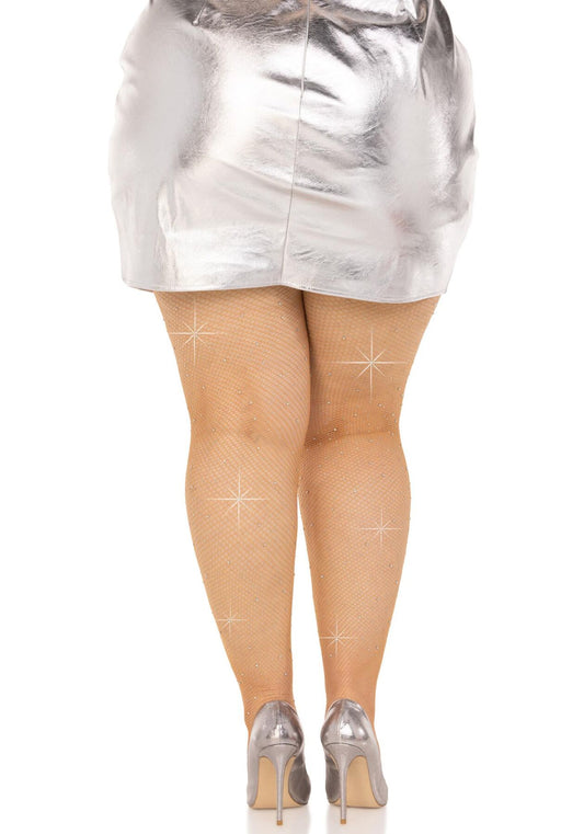 Колготки Leg Avenue Rhinestone micro net tights Plus size Caramel, дрібна сітка, стрази