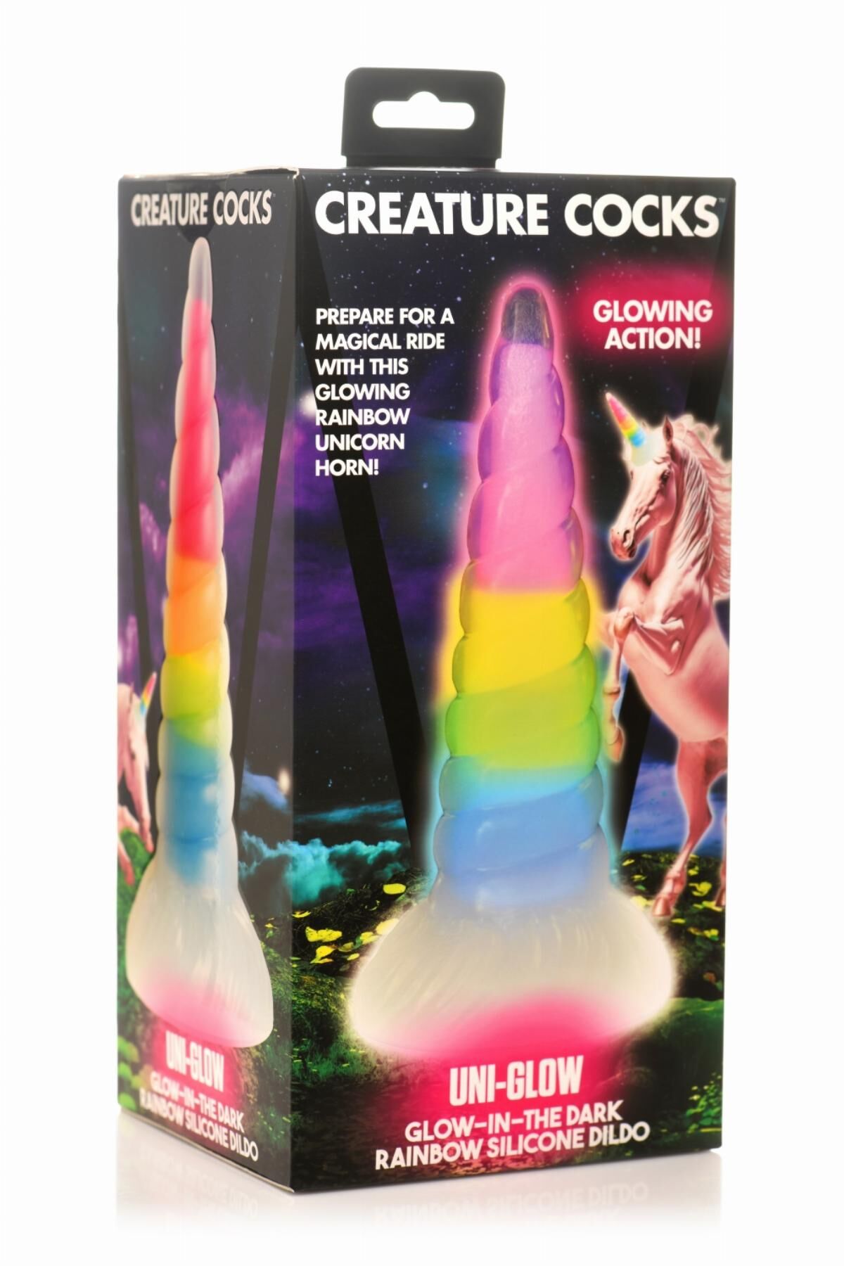 Фентезійний фалоімітатор Creature Cocks Luminescent Rainbow Silicone Dildo, світиться в темряві, 19,6 см