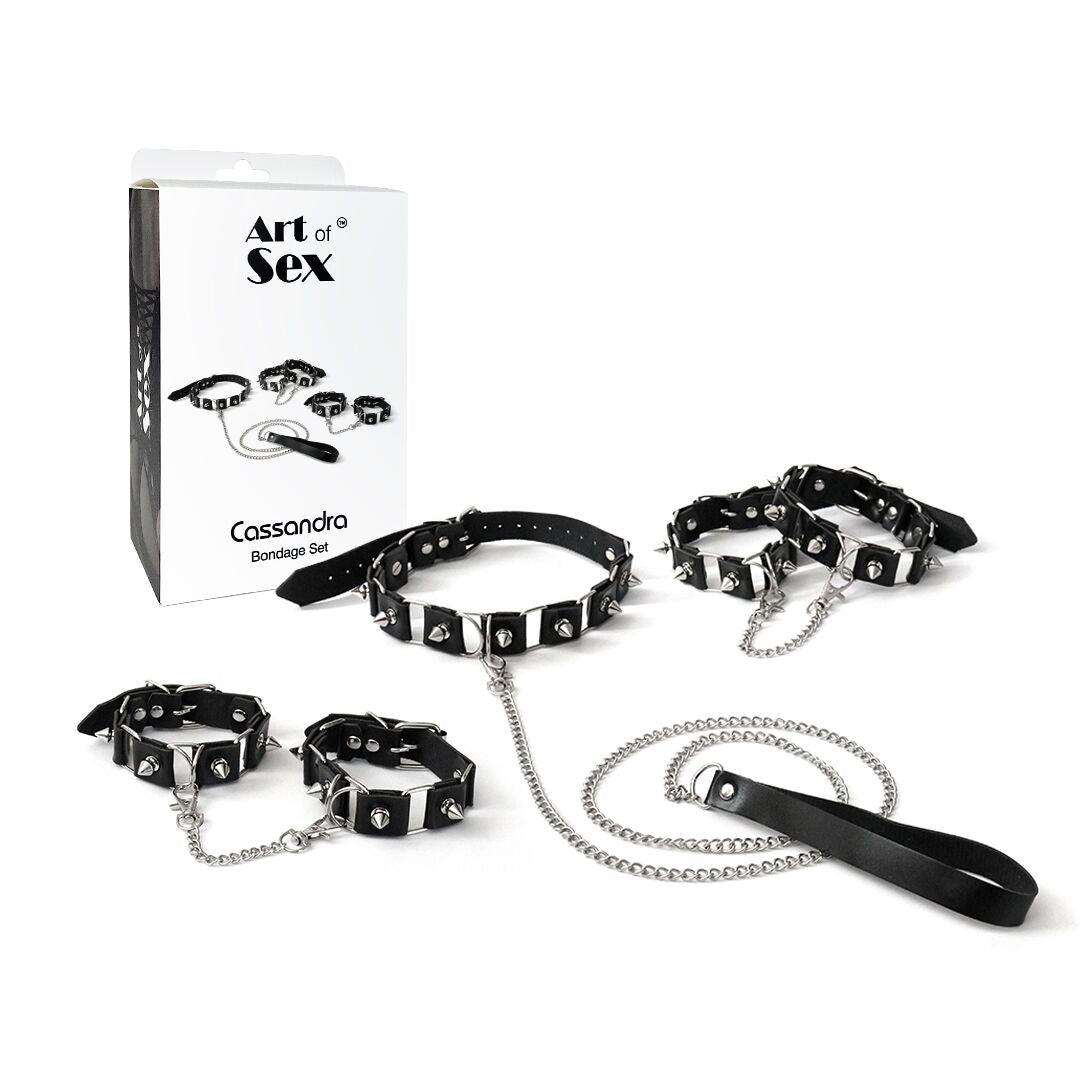 Бондажний набір: нашийник з повідцем, наручники та поножі Art of Sex - Cassandra, колір чорний